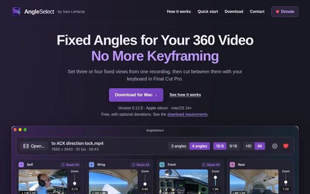 The AngleSelect home page — fixed angles for your 360 video, no more keyframing