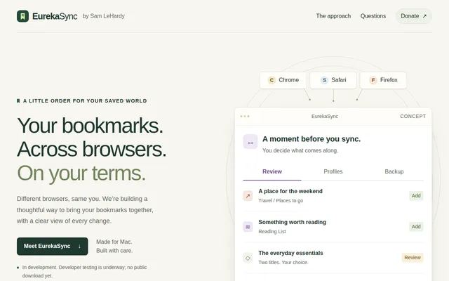 The EurekaSync home page — your bookmarks, across browsers, on your terms