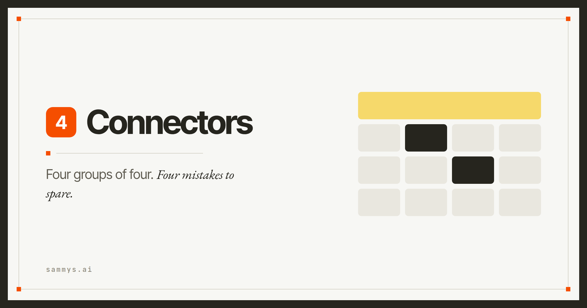 Connectors — Sixteen tiles, four hidden groups, four mistakes to spare — one a day.
